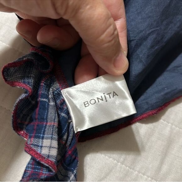 BONITA Navy Burgundy Gray Plaid Velour Floral Patchwork Ruffle Scarf Wrap - Picture 7 of 10